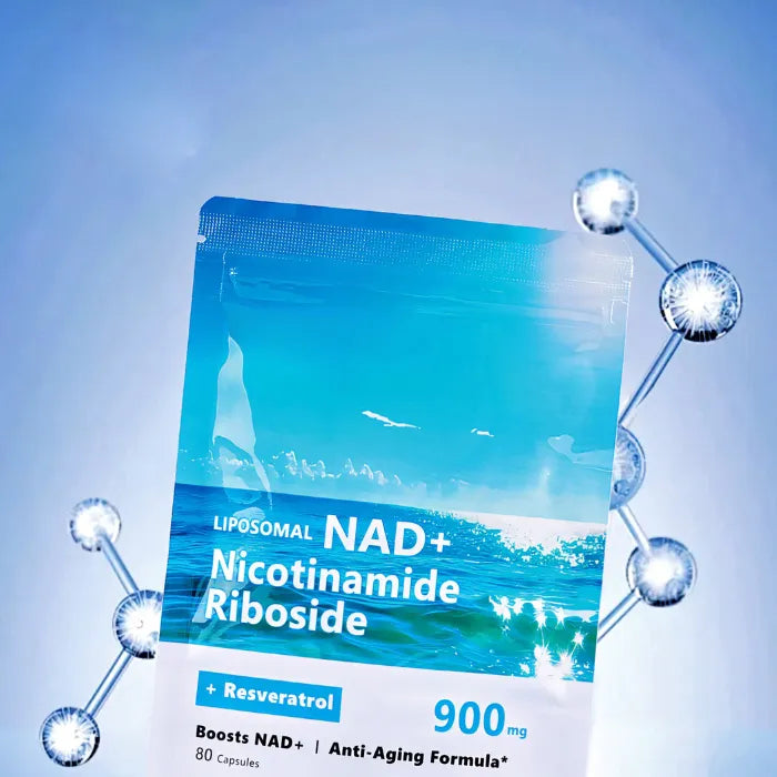 Detailed molecular structure on NAD+ supplement pouch for scientific marketing.