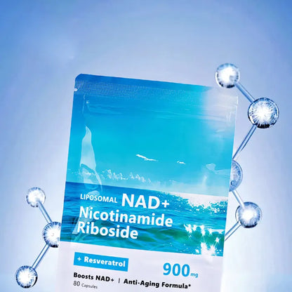 Detailed molecular structure on NAD+ supplement pouch for scientific marketing.