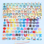 Montessori Math Board full set with letters, numbers, shapes, and counting rings neatly arranged.