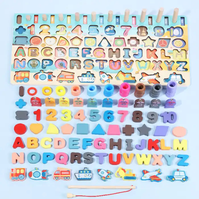 Montessori Math Board full set with letters, numbers, shapes, and counting rings neatly arranged.
