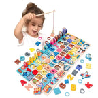Montessori Math Board in use by a girl using magnetic rod to play with numbers and letters.