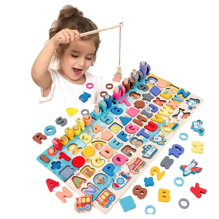 Montessori Math Board in use by a girl using magnetic rod to play with numbers and letters.