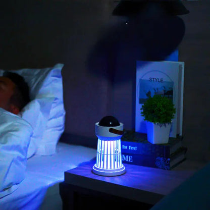 mosquito trap on a bedside table glowing softly, ensuring mosquito-free sleep indoors.