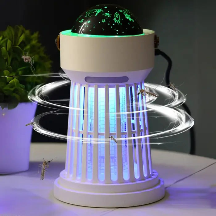 mosquito trap glowing and capturing mosquitoes with visible airflow near a plant.