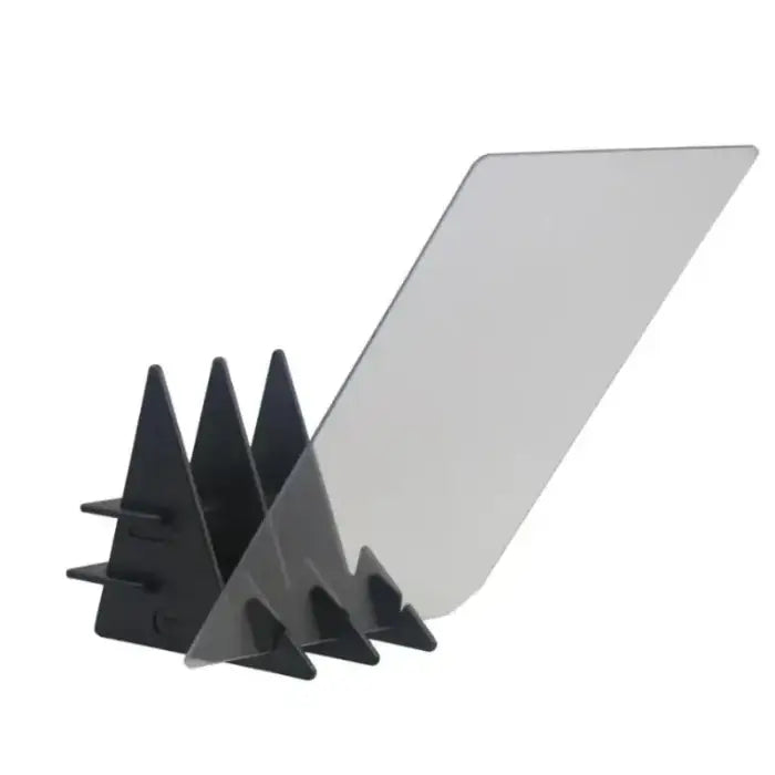 Transparent screen supported by black triangular stand pieces, showcasing versatile positioning for various devices and viewing angles