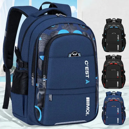 Navy blue backpack with geometric pattern and color variations shown in smaller images