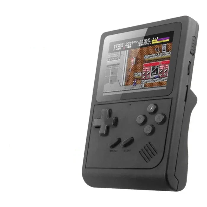 Gray handheld gaming system with screen showing retro game, alongside text detailing game count and emulator compatibility