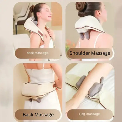 Four-panel demonstration of massage device showing neck, shoulder, back, and calf massage applications