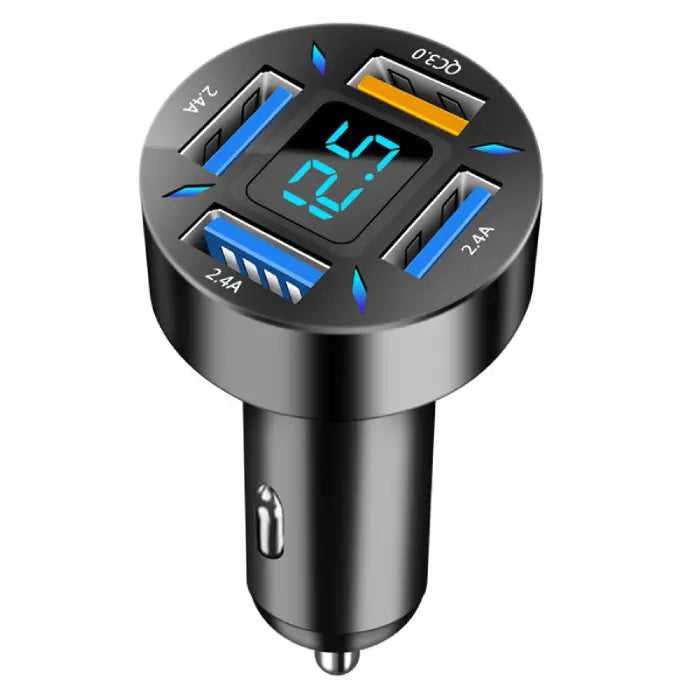 Close-up of circular car charger with digital display showing 12.0V, multiple labeled USB ports, and compact design