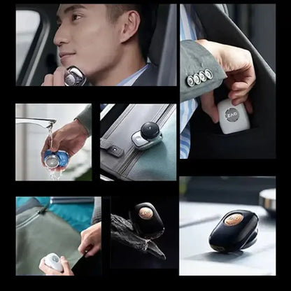 Collage showing portable shaver used in various situations: driving, business, travel, home, outdoors, and office environments