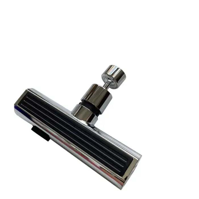 Multi use faucet with rotatable joint and wide spray head shown isolated on white background.