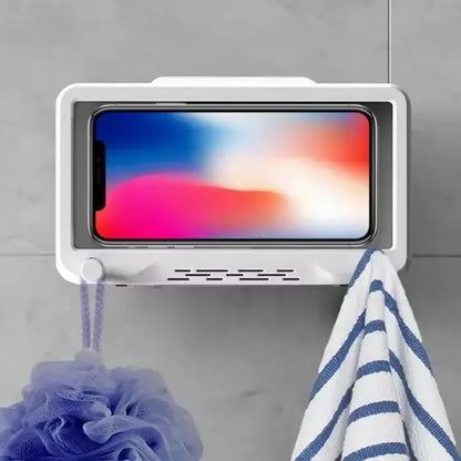 Bathroom-mounted phone holder with colorful screen display, integrated hooks for towels and accessories.