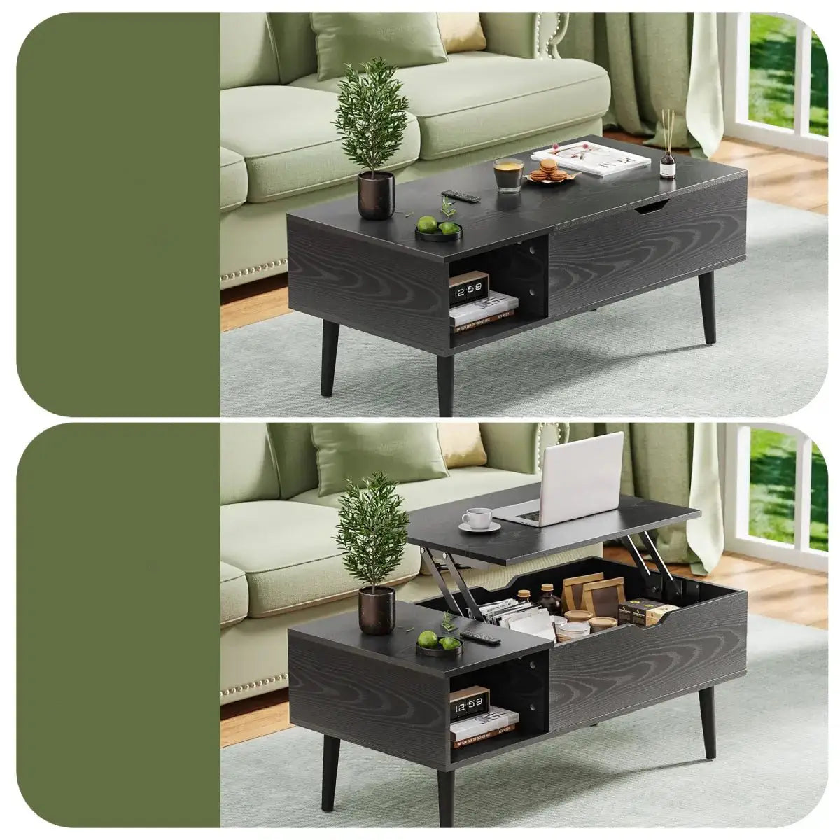 Two-panel image of black coffee table in living room, showing closed state with items on top and open state as office desk with laptop