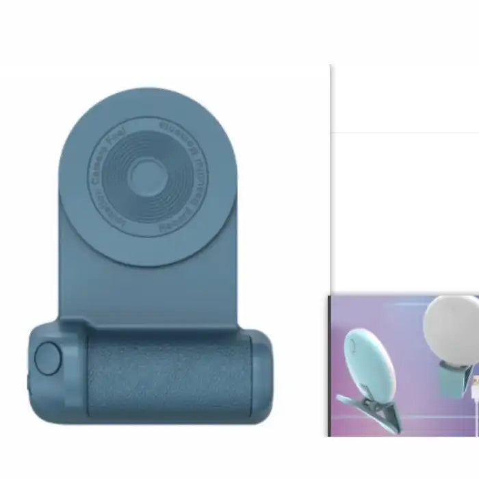 Multifunctional phone grip/stand with magnetic camera handle in blue with circular pattern.