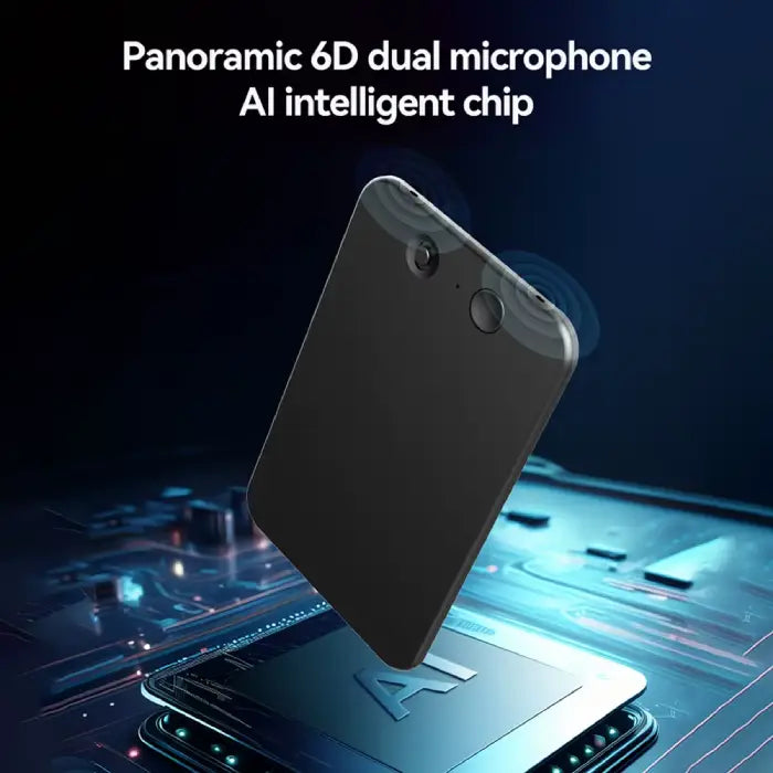 Multilingual AI recorder with ChatGPT 4-0 featuring panoramic 6D dual microphone and AI intelligent chip.