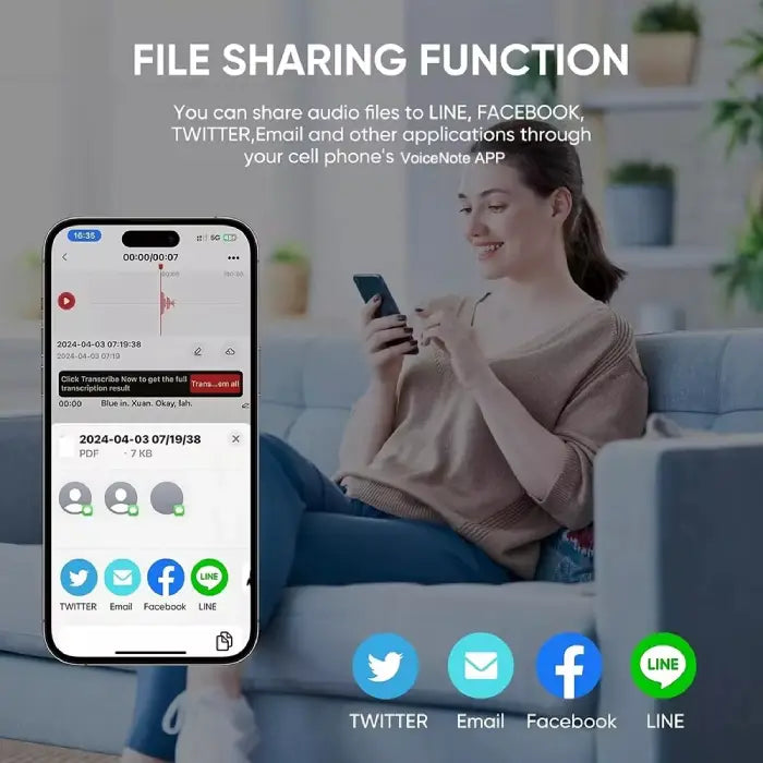 Multilingual AI recorder with ChatGPT 4-0 sharing audio files through social platforms and VoiceNote App.