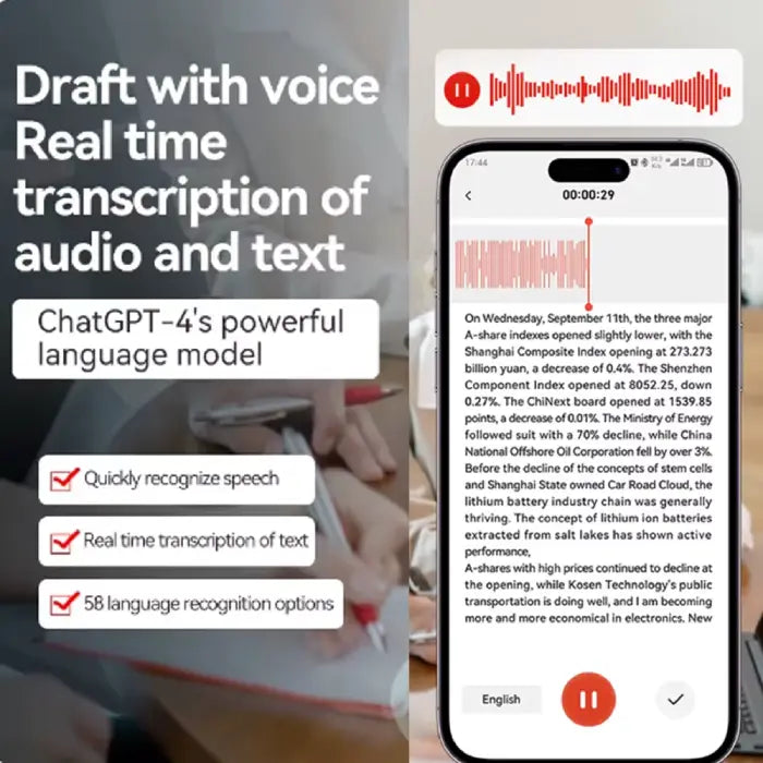 Multilingual AI recorder with ChatGPT 4-0 enabling real-time voice transcription and text recognition.