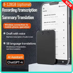 Multilingual AI recorder with ChatGPT 4-0 showing summary, transcription, and translation features.