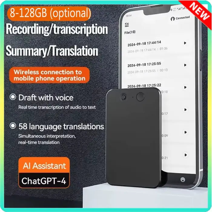 Multilingual AI recorder with ChatGPT 4-0 showing summary, transcription, and translation features.