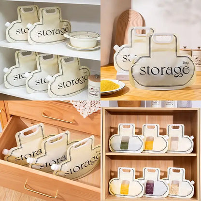 Multiple grain storage bags with spout handles displayed in drawers, shelves, and countertops.