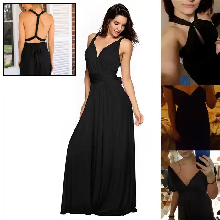 Multiway dress in black with v-neck front and various styling options shown on multiple body types.
