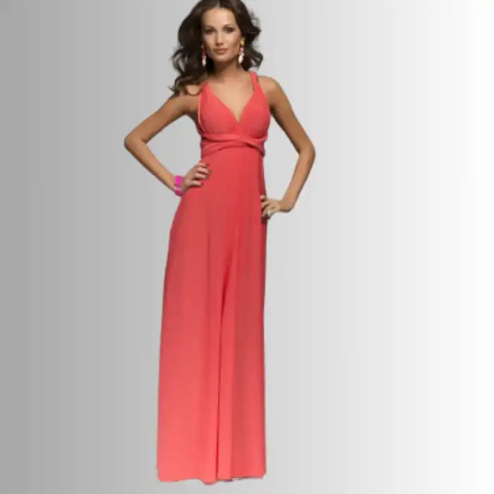  Multiway dress in coral with plunging neckline and braided strap detail styled for a chic summer look.