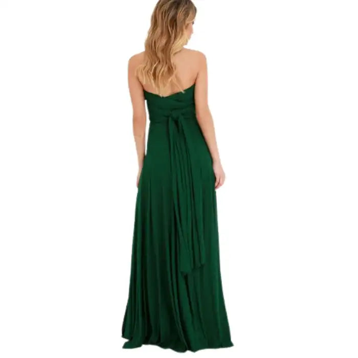  Multiway dress in emerald green styled strapless with tie-back and floor-length flowy skirt.