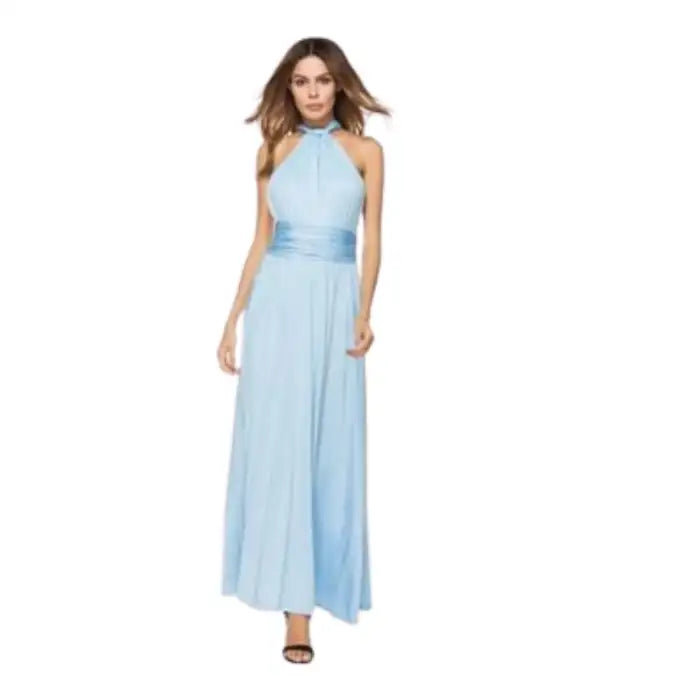 Multiway dress in light blue styled with halter neckline, cinched waist and full-length silhouette.