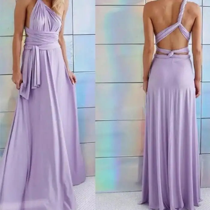 Multiway dress in lilac with halter neckline and wrap-around waist, styled in backless variation.