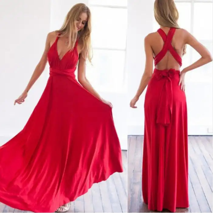 Multiway dress in red featuring a flowing floor-length skirt and wrap-tie waist with crossback.