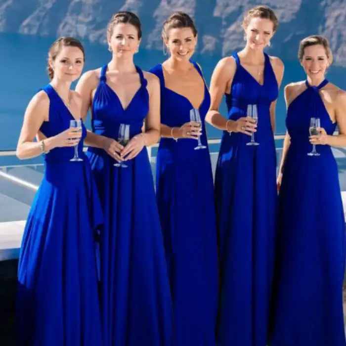  Multiway dress in royal blue styled multiple ways by bridesmaids at an outdoor destination wedding.