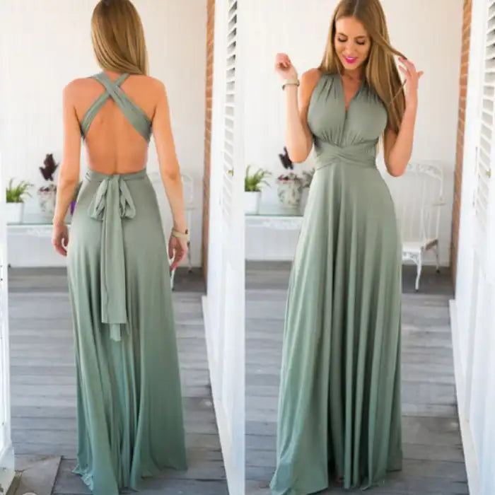 Multiway dress in sage green with pleated bodice and crisscross tie-back straps.