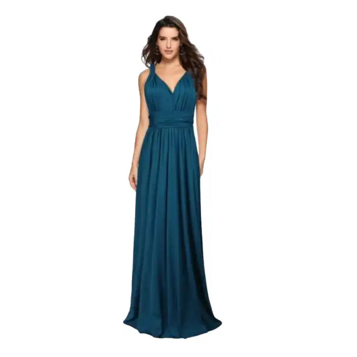 Multiway dress in teal with v-neck and gathered waist styling, perfect for formal occasions or events.