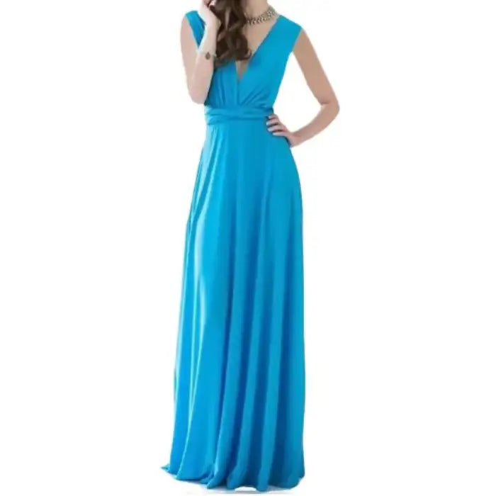  Multiway dress in turquoise with v-neckline, wide straps, and floor-length silhouette.