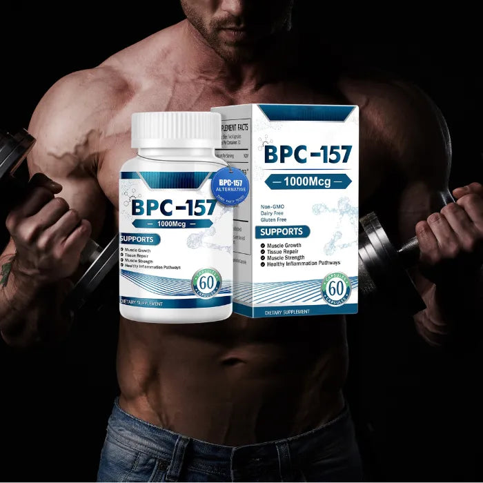 Muscular man holding BPC-157 1000mcg supplement for muscle growth.