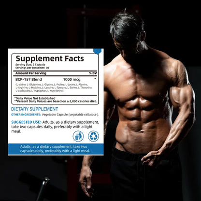 Muscular athlete with BPC-157 supplement facts label visible.