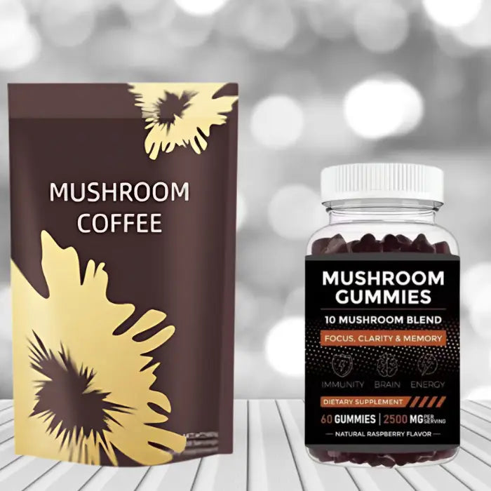 Mushroom coffee package and mushroom gummies bottle displayed together, promoting focus, immunity, and energy.