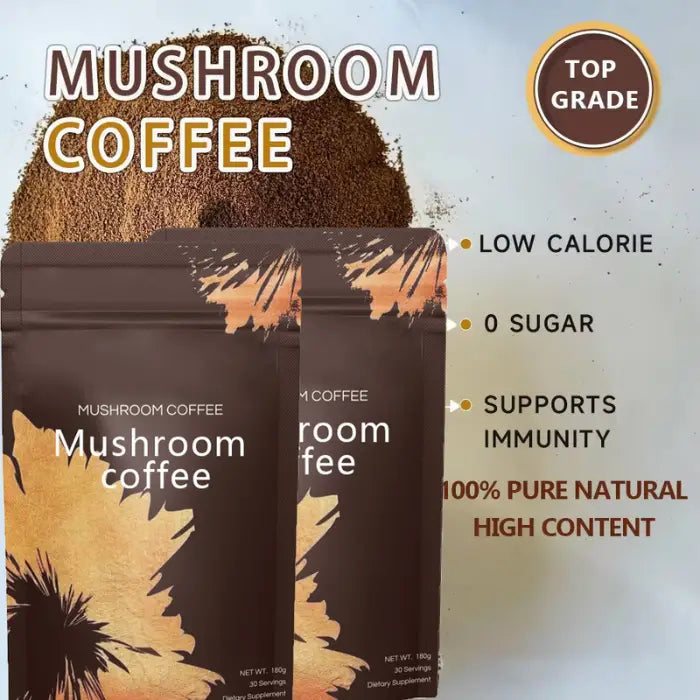 Mushroom coffee package highlighting health benefits like immunity support.