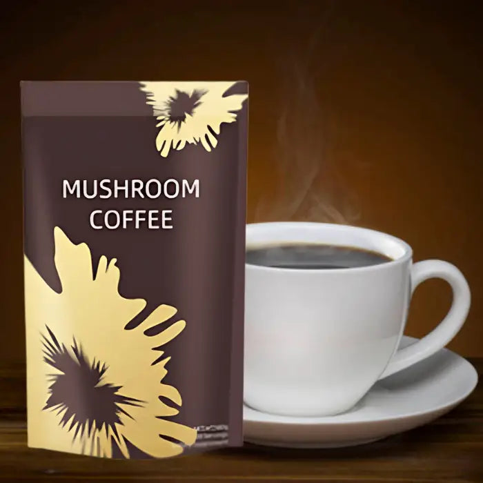 Mushroom coffee package next to a steaming cup of coffee, promoting focus, energy, and wellness.