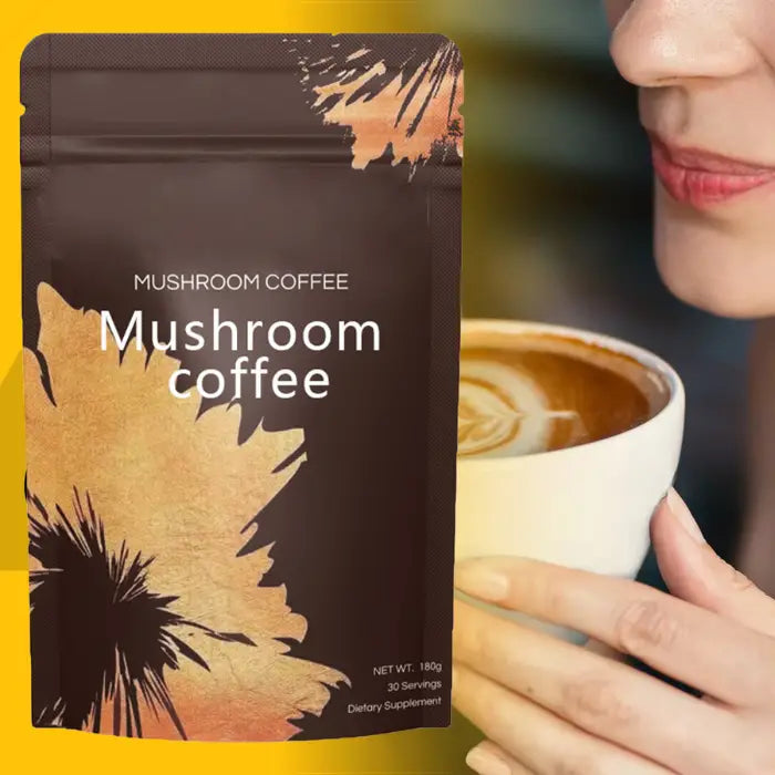 Close-up of a woman enjoying a cup of mushroom coffee.