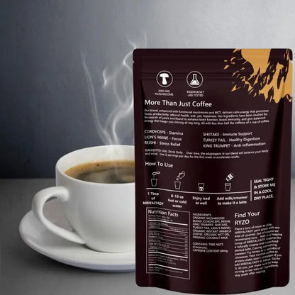 A steaming cup of coffee next to a mushroom coffee blend package highlighting functional mushrooms like cordyceps, lion's mane, and reishi for focus, stamina, and stress relief.