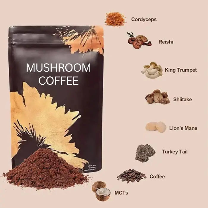 Mushroom coffee package with a breakdown of functional ingredients like cordyceps, reishi, lion's mane, and turkey tail for health benefits.