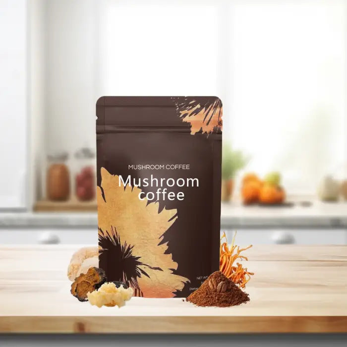 Mushroom coffee bag with ingredients in a kitchen setting