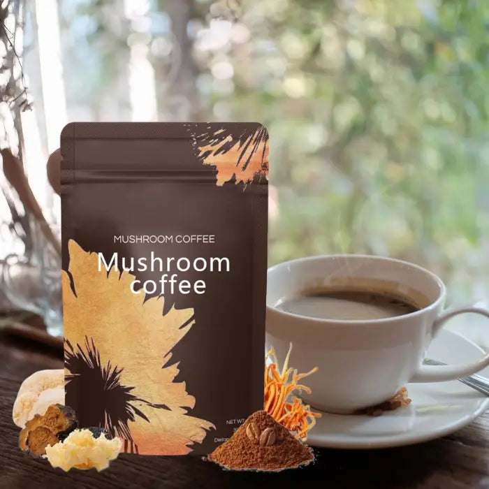 Mushroom coffee package with natural ingredients like Lion’s Mane and Cordyceps