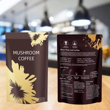 Front and back view of mushroom coffee packaging on a wooden counter, highlighting nutrition facts and health benefits.