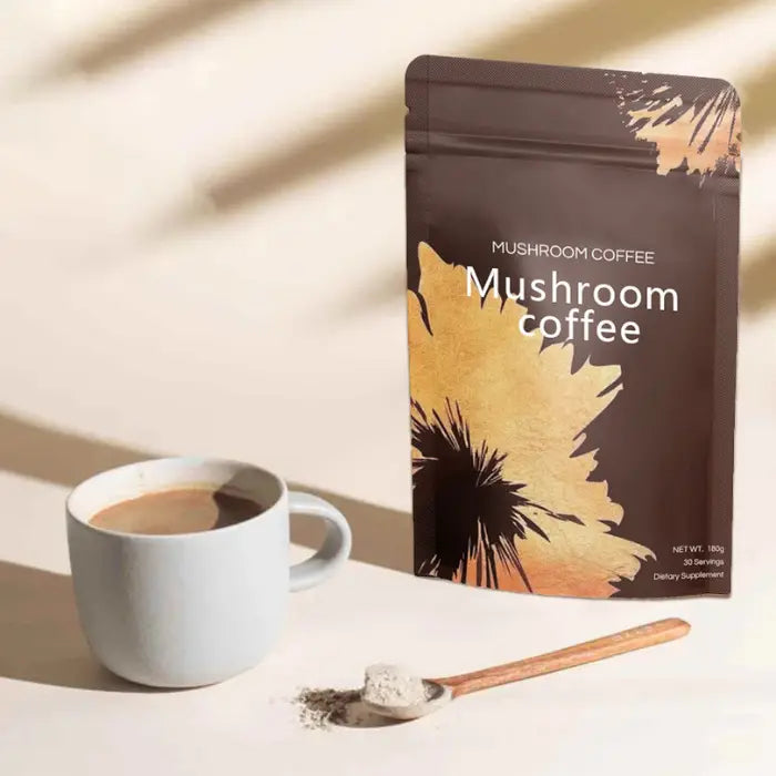 Mushroom coffee powder with a cup of brewed coffee.