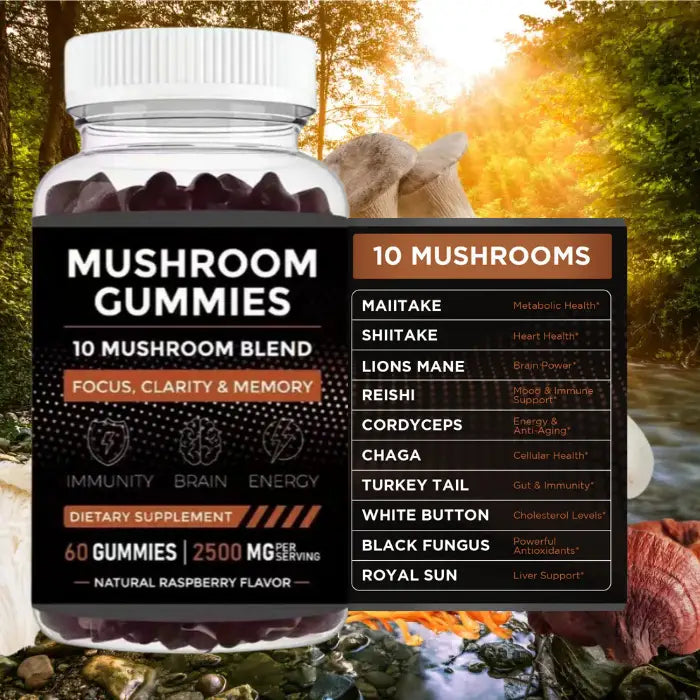 Bottle of mushroom gummies dietary supplement with a 10-mushroom blend for focus, clarity, and memory, surrounded by a natural outdoor setting.