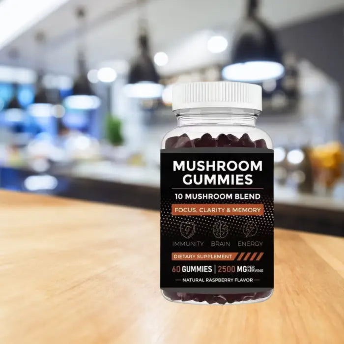 Mushroom gummies bottle displayed on a wooden counter in a modern cafe setting, emphasizing energy and wellness.