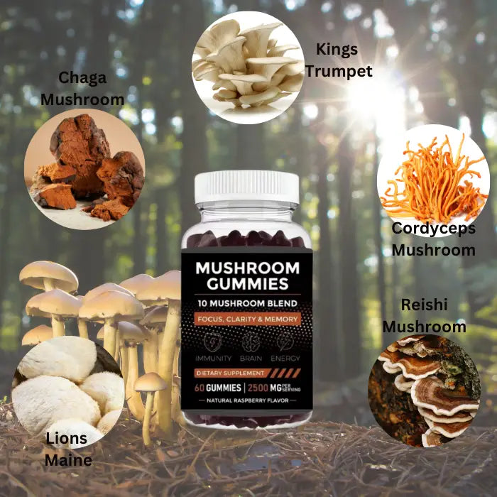 Mushroom gummies bottle surrounded by natural ingredients like lion's mane, reishi, and cordyceps mushrooms, promoting health benefits.