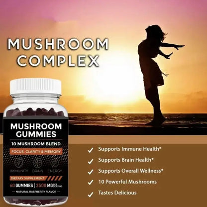 Mushroom gummies bottle with a sunset background, highlighting immune support, brain health, and overall wellness benefits.